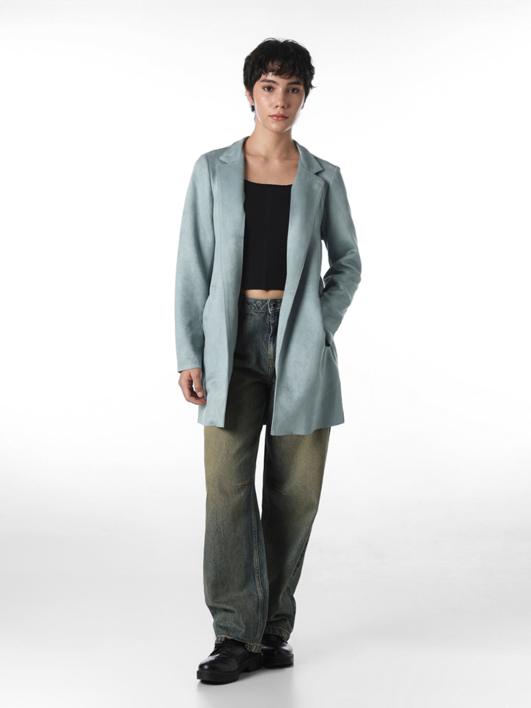 Grey Faux Suede Long Coat