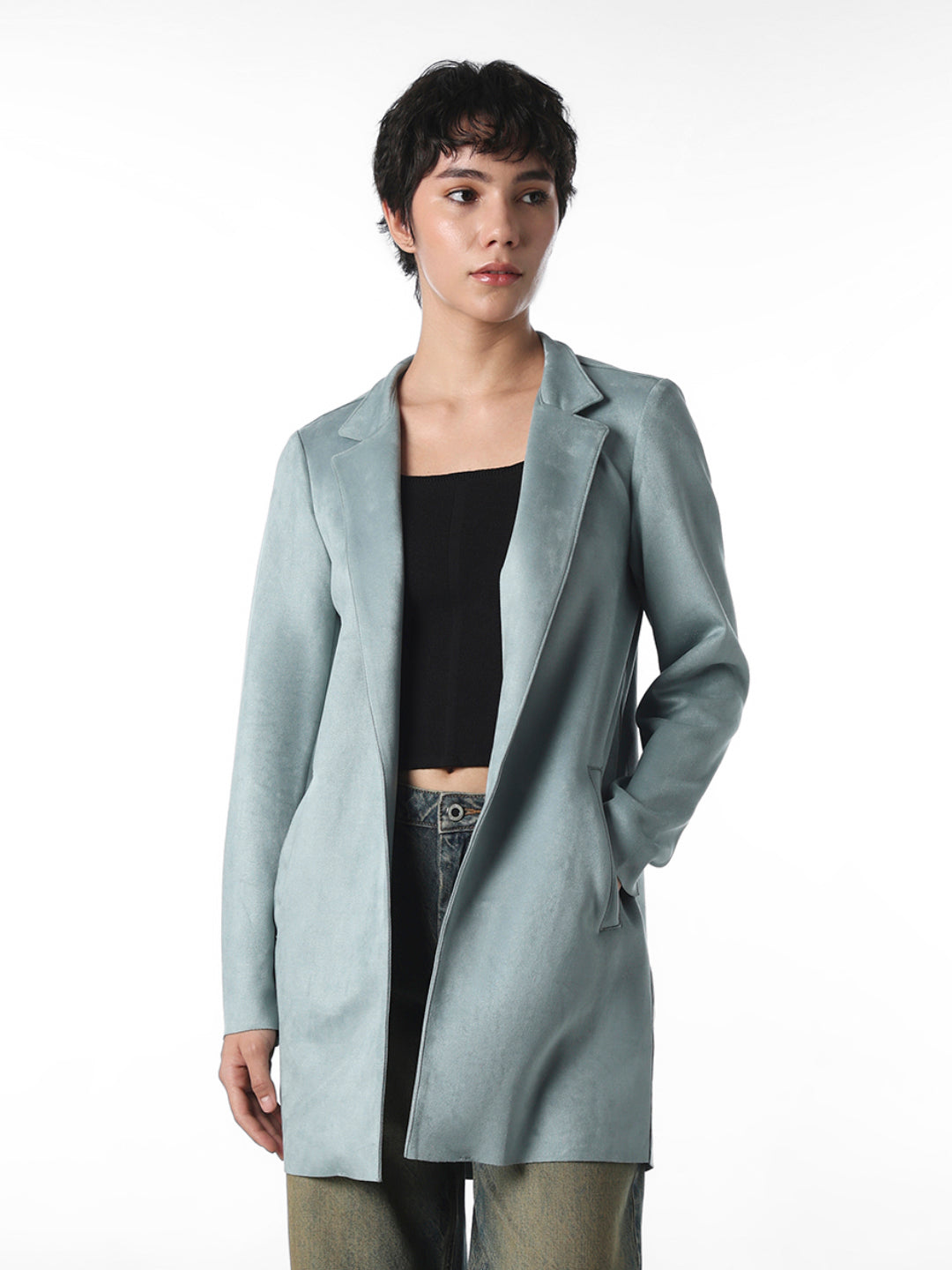 Grey Faux Suede Long Coat