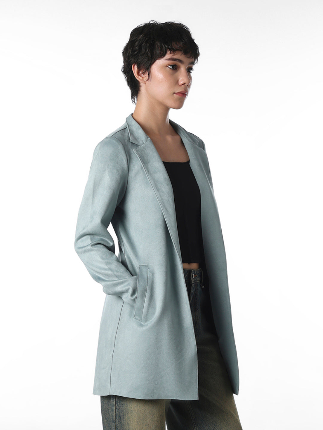 Grey Faux Suede Long Coat