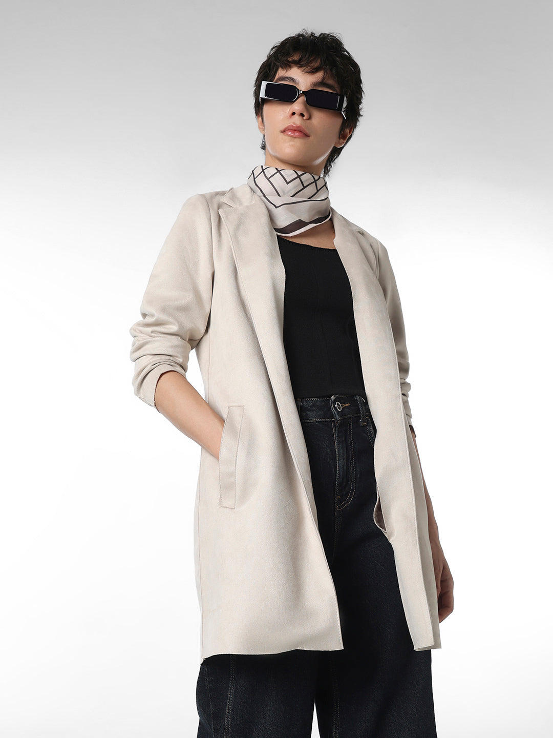 Beige Faux Suede Long Coat