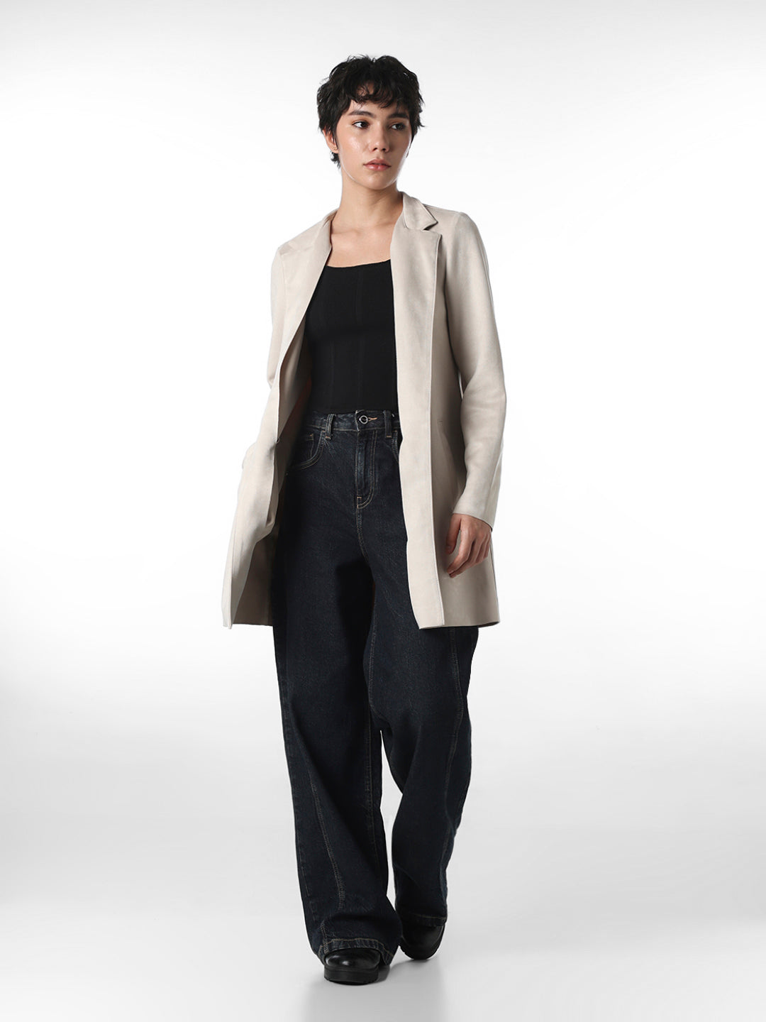 Beige Faux Suede Long Coat