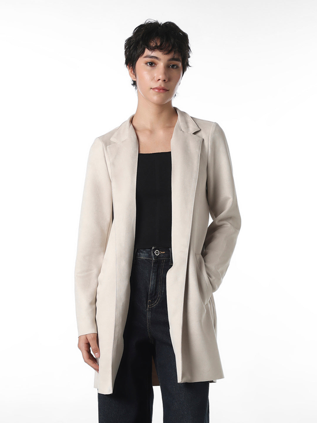 Beige Faux Suede Long Coat