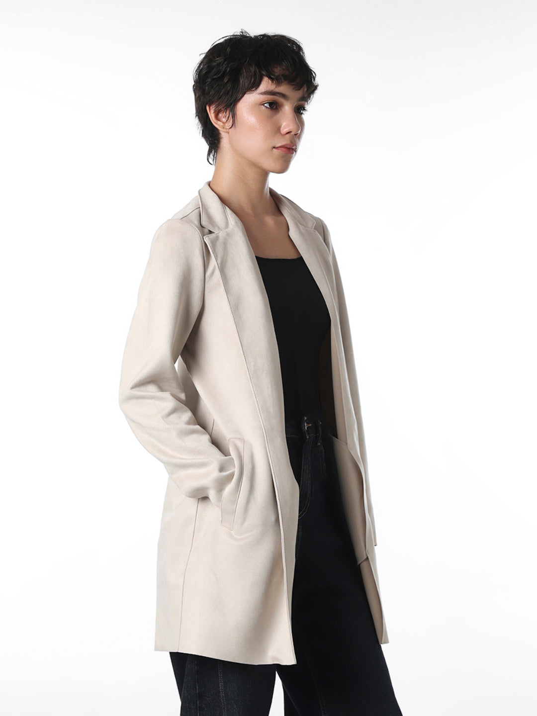 Beige Faux Suede Long Coat