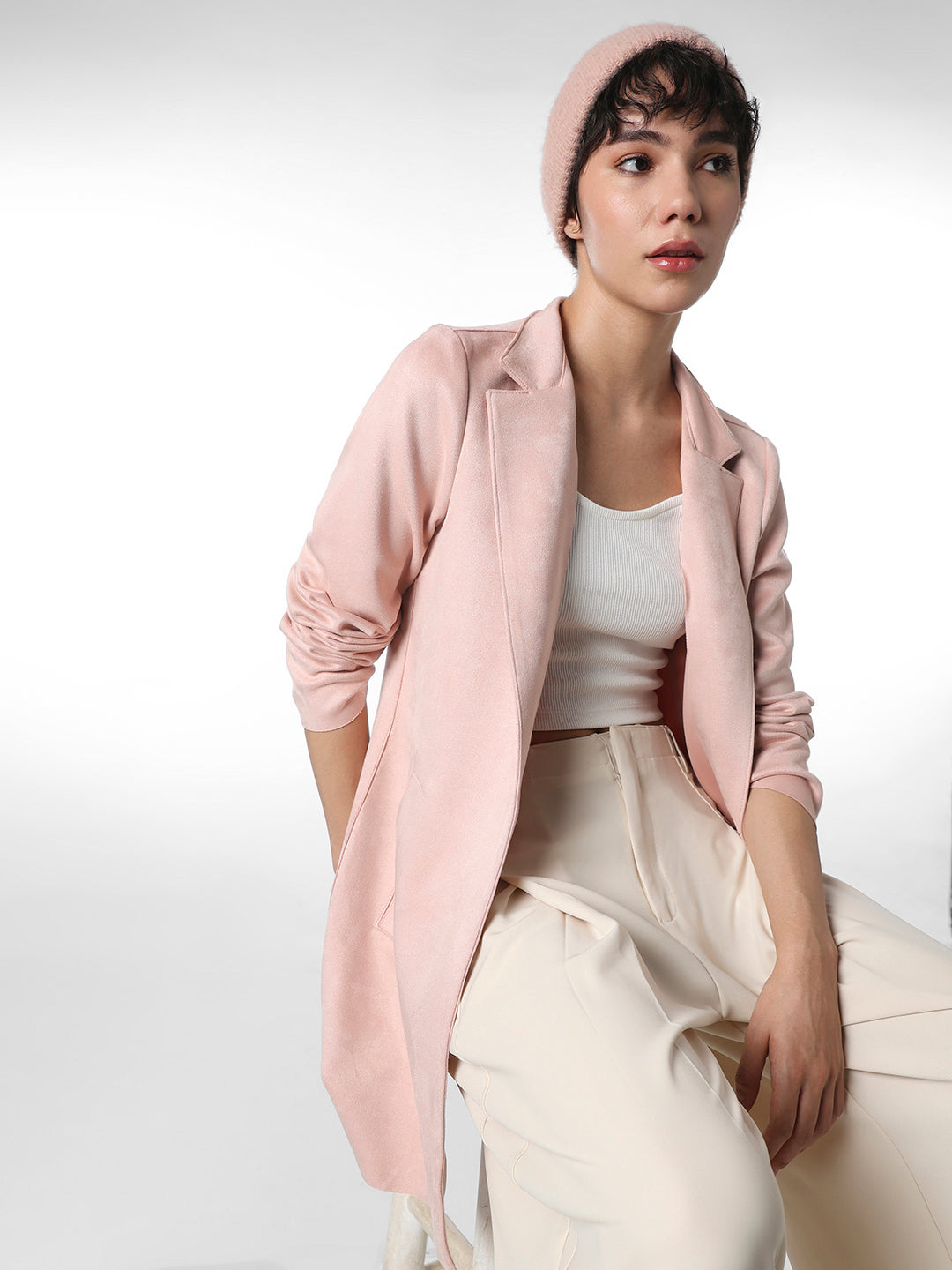 Pink Faux Suede Long Coat