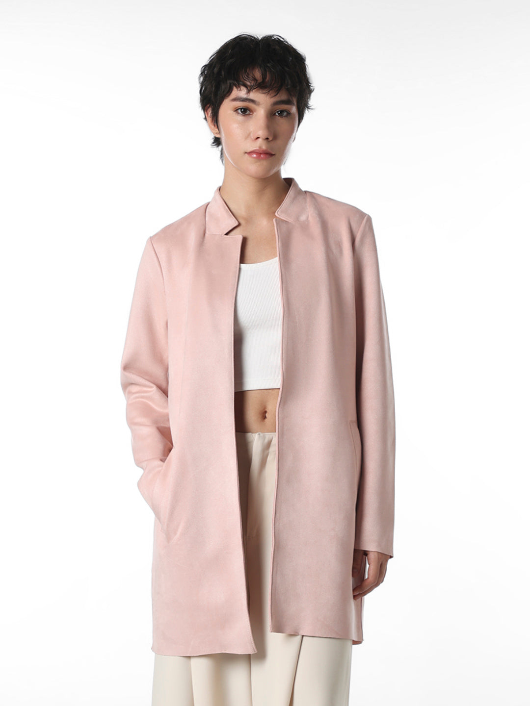 Pink Faux Suede Long Coat