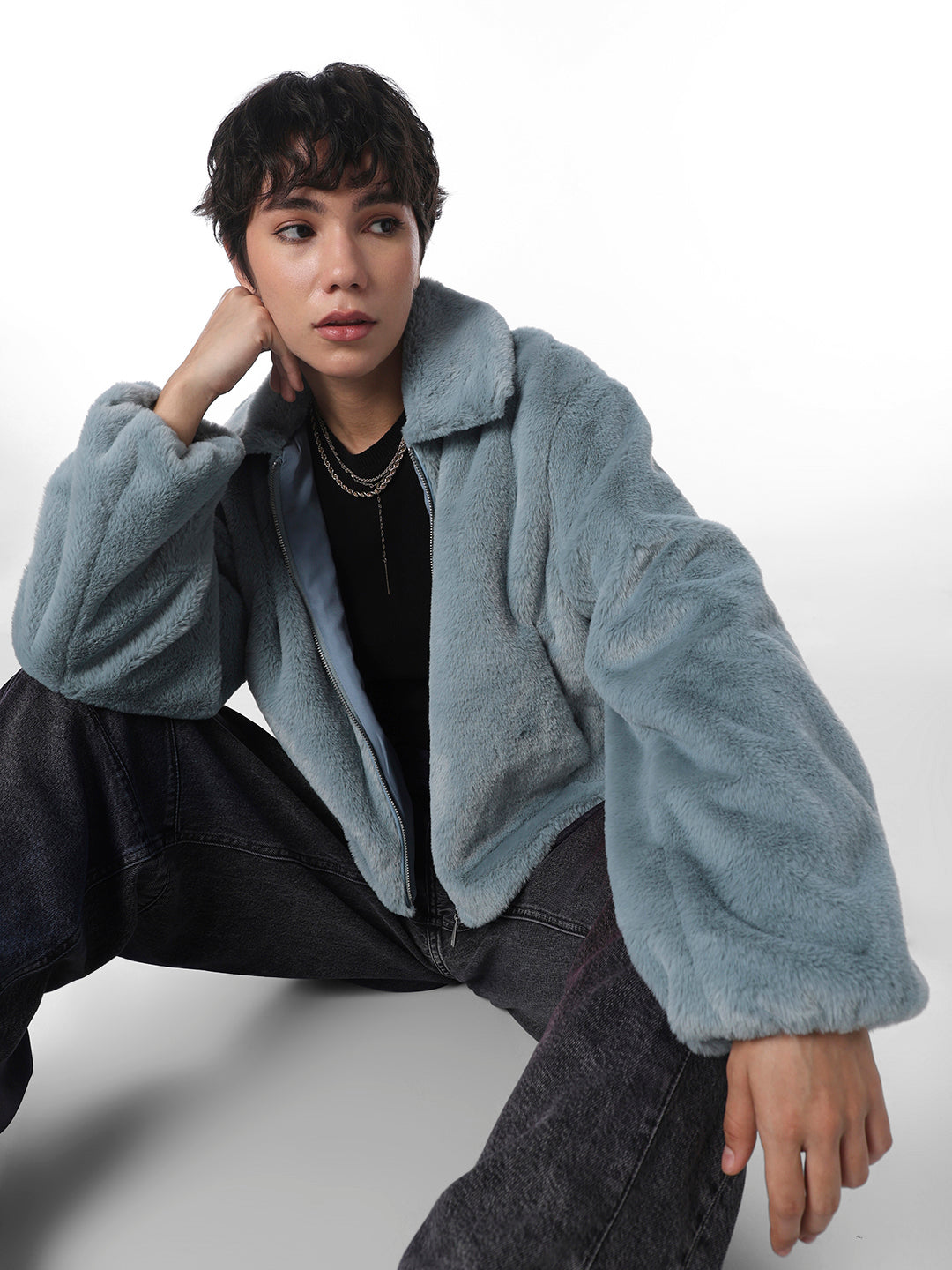 Blue Faux Fur Cropped Pile Jacket