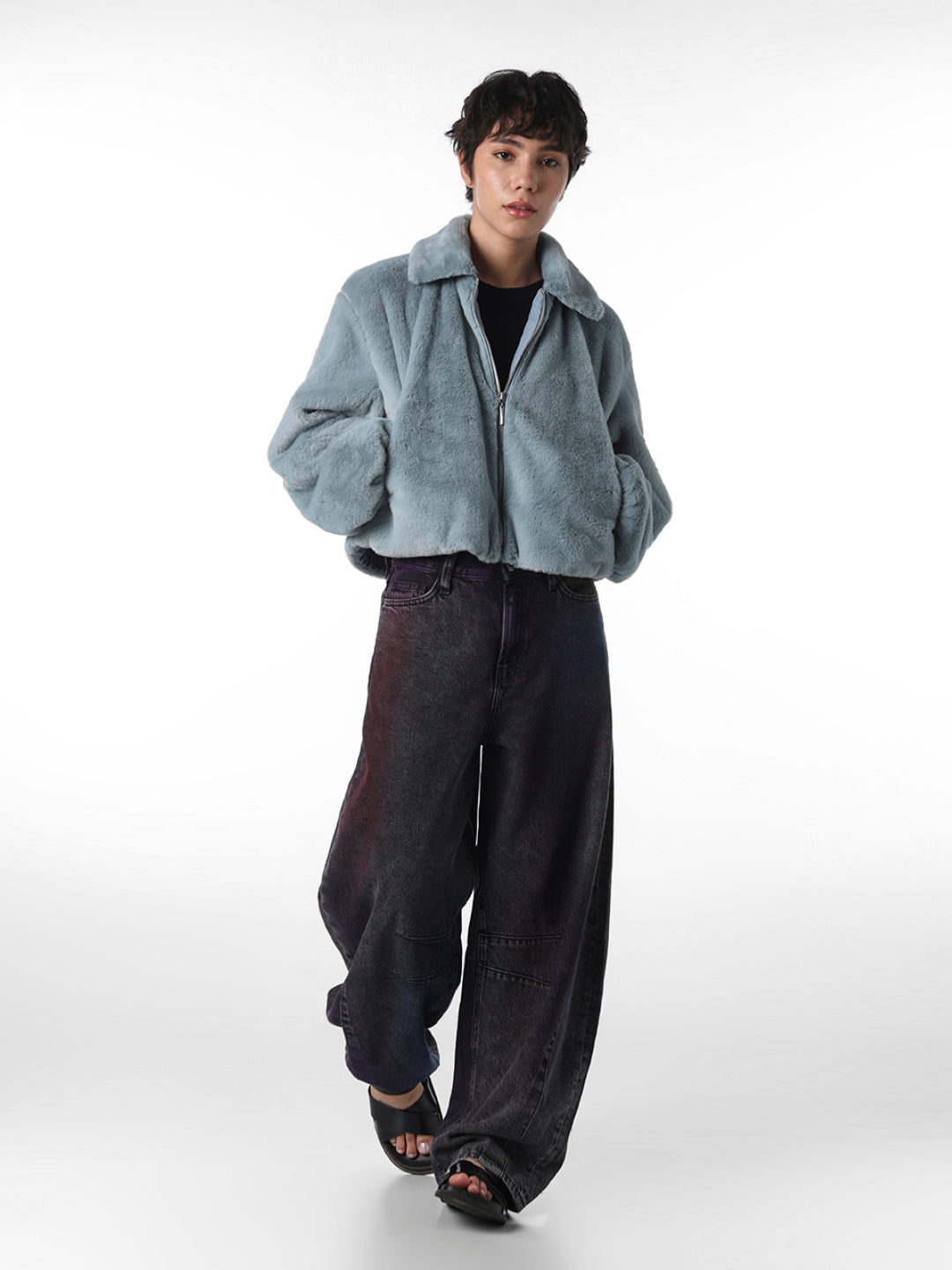 Blue Faux Fur Cropped Pile Jacket