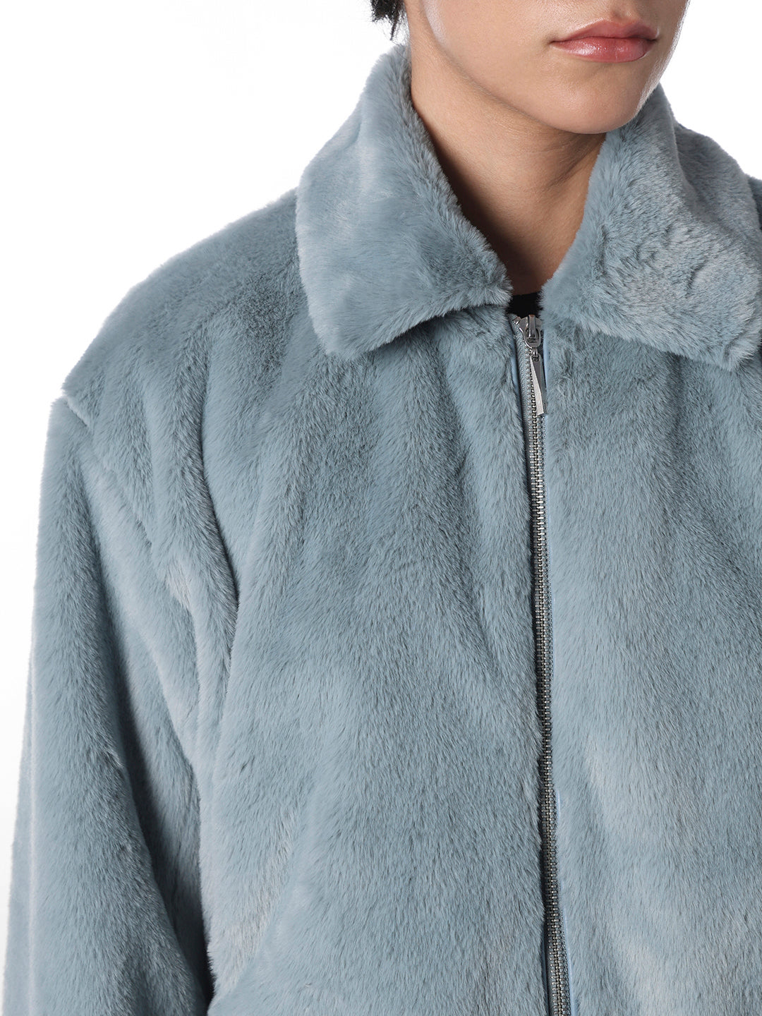 Blue Faux Fur Cropped Pile Jacket