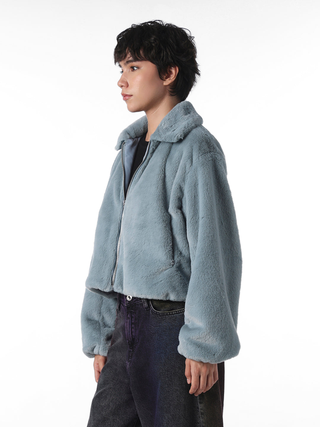 Blue Faux Fur Cropped Pile Jacket