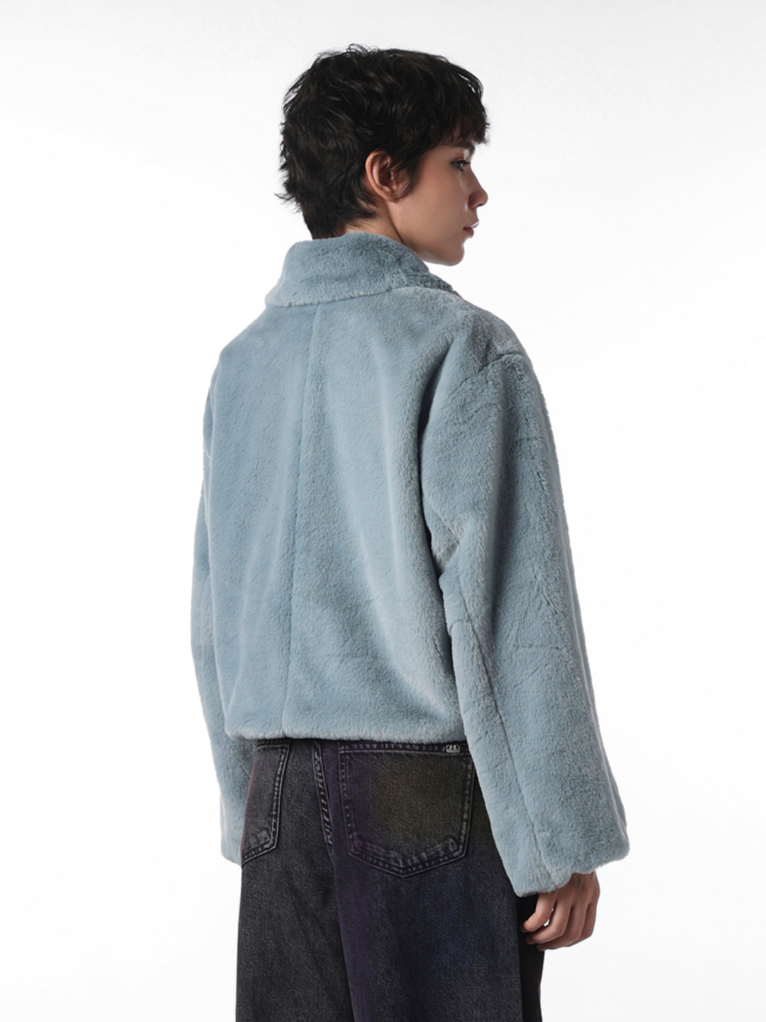 Blue Faux Fur Cropped Pile Jacket