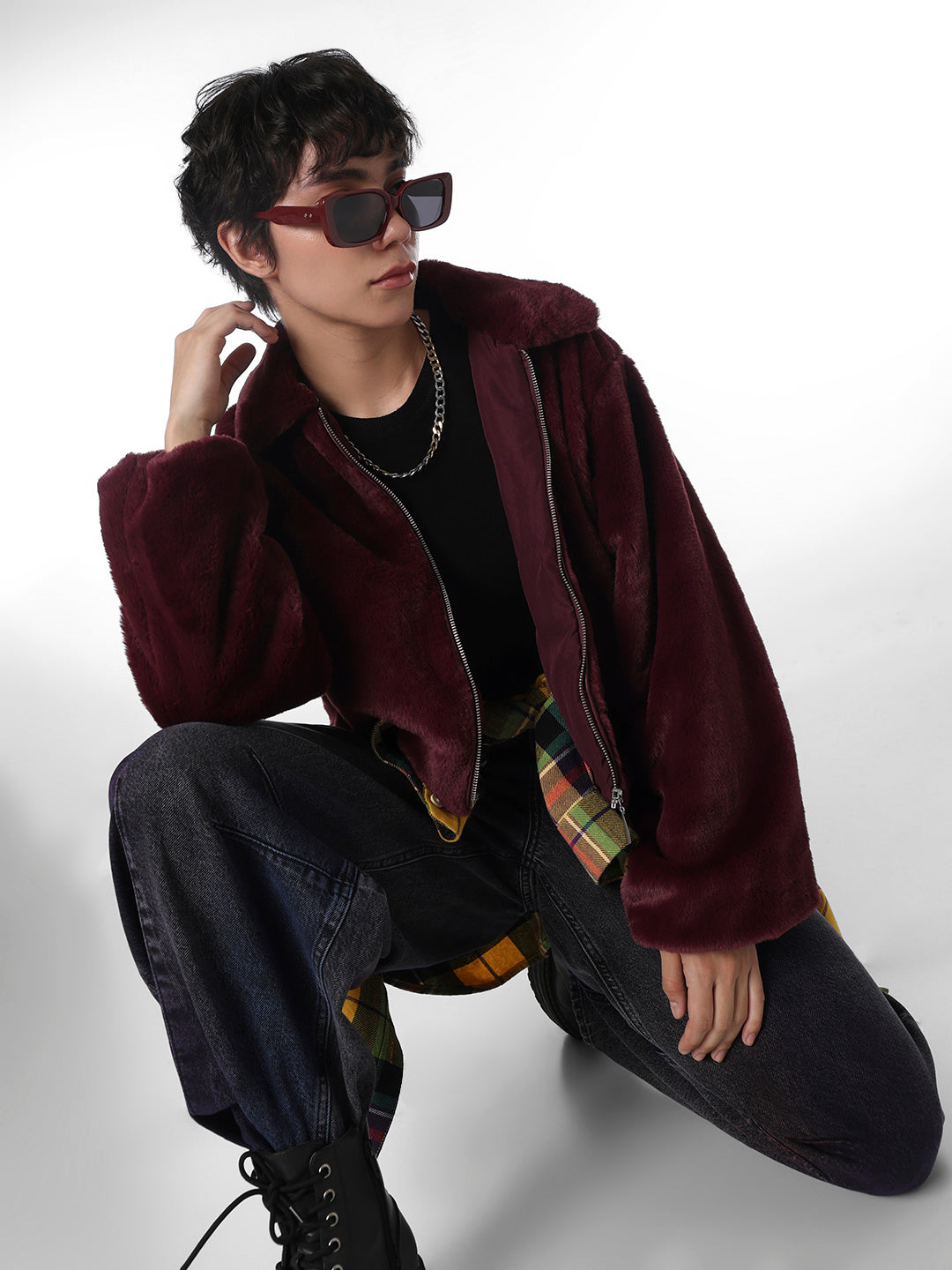 Maroon Faux Fur Cropped Pile Jacket