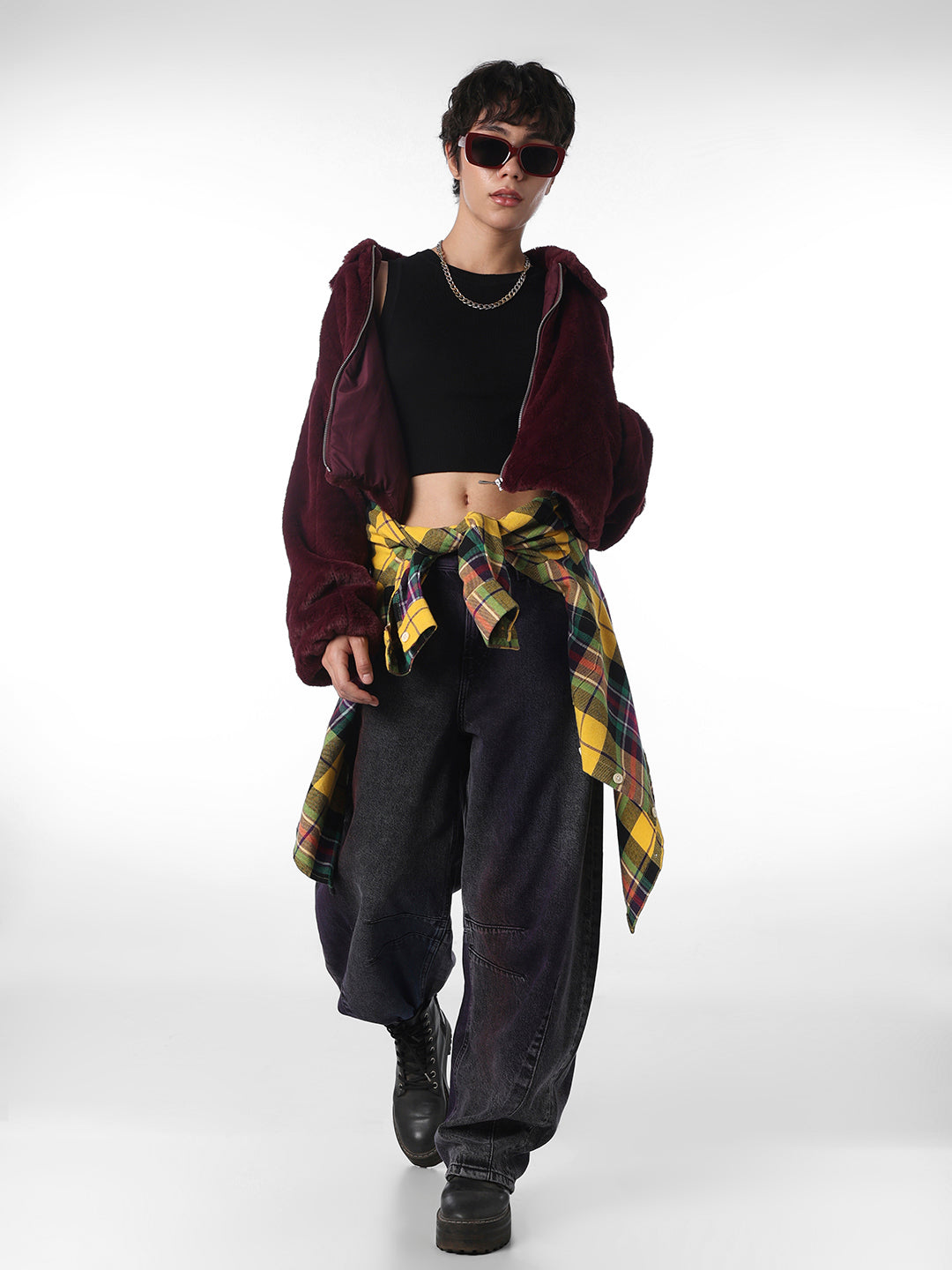 Maroon Faux Fur Cropped Pile Jacket