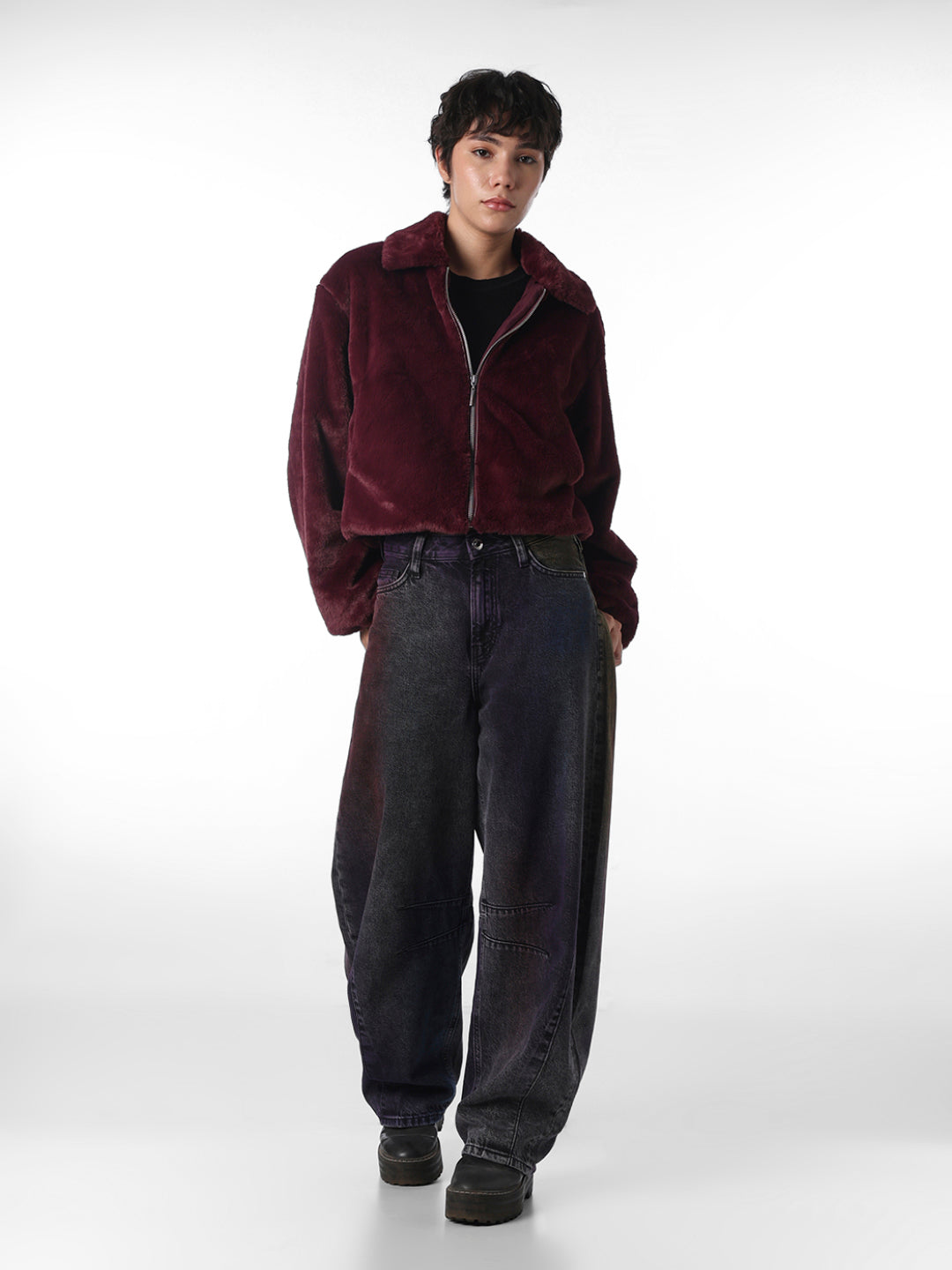 Maroon Faux Fur Cropped Pile Jacket