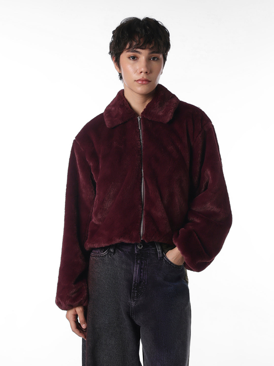 Maroon Faux Fur Cropped Pile Jacket