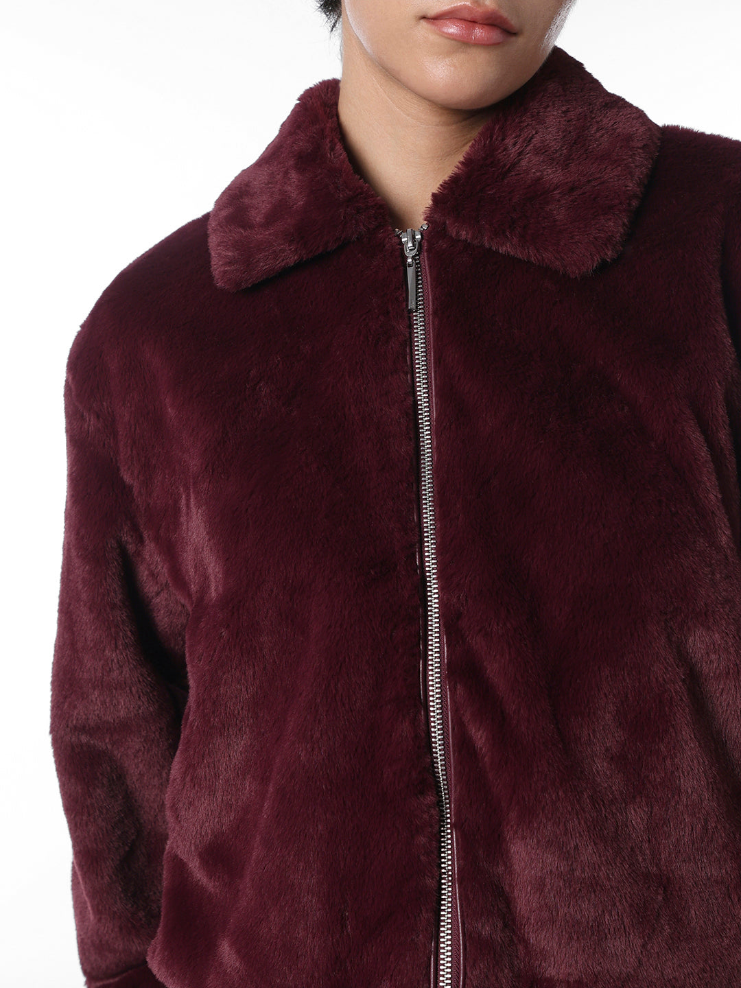Maroon Faux Fur Cropped Pile Jacket