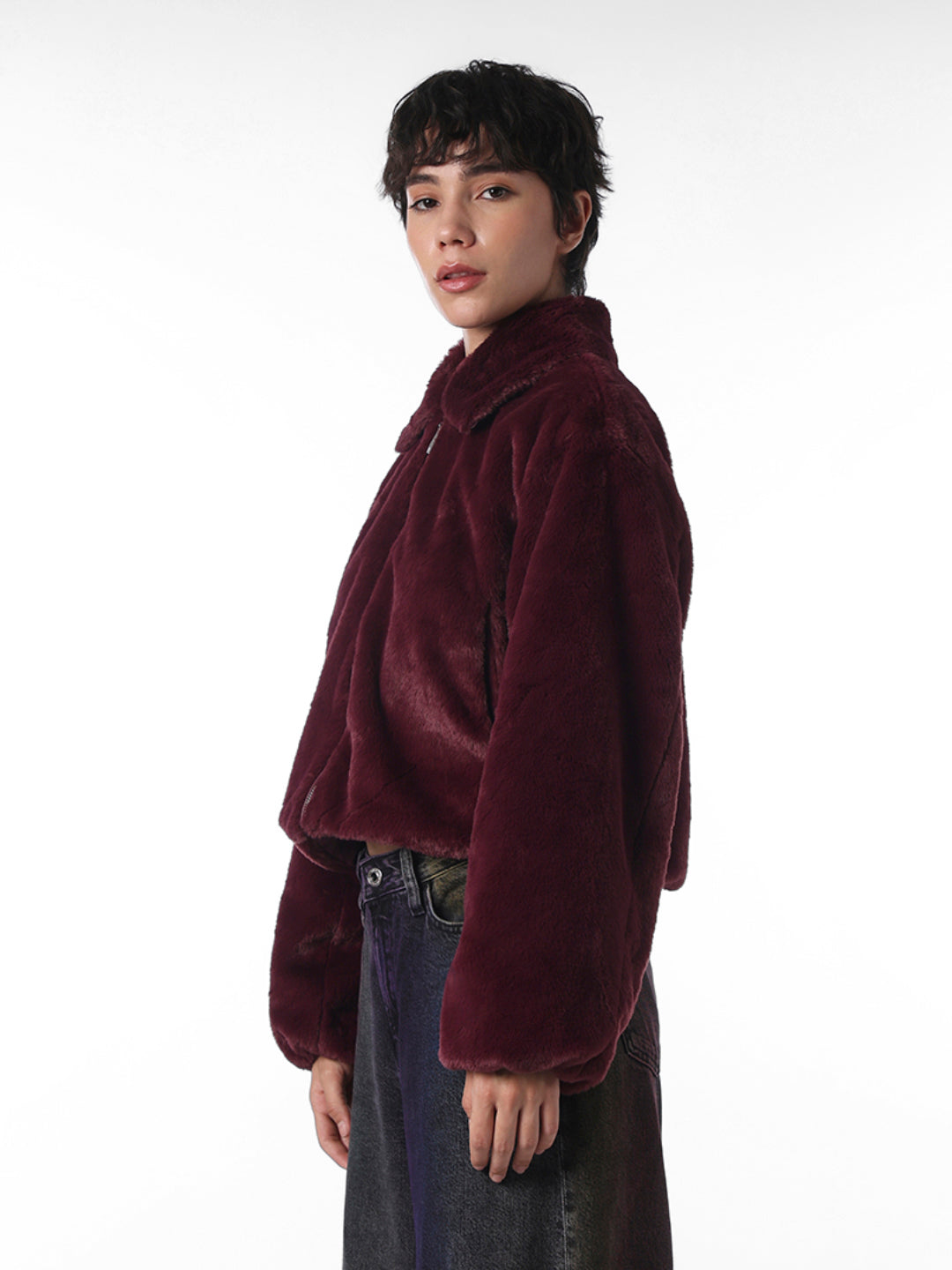 Maroon Faux Fur Cropped Pile Jacket