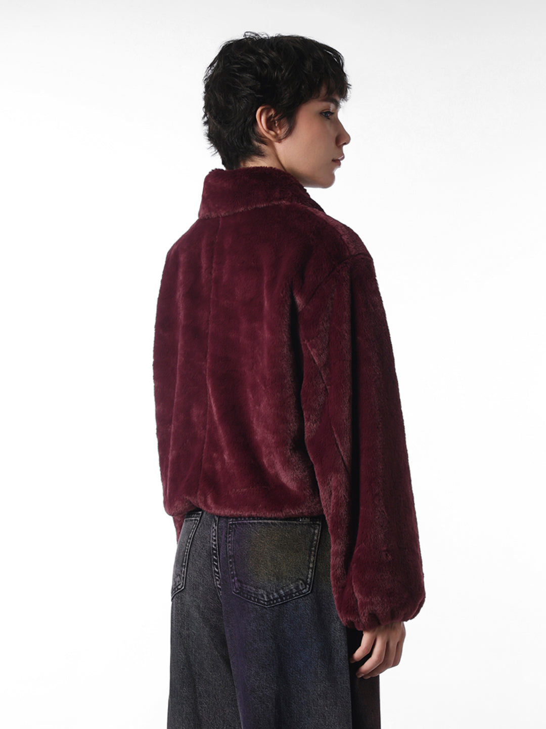 Maroon Faux Fur Cropped Pile Jacket