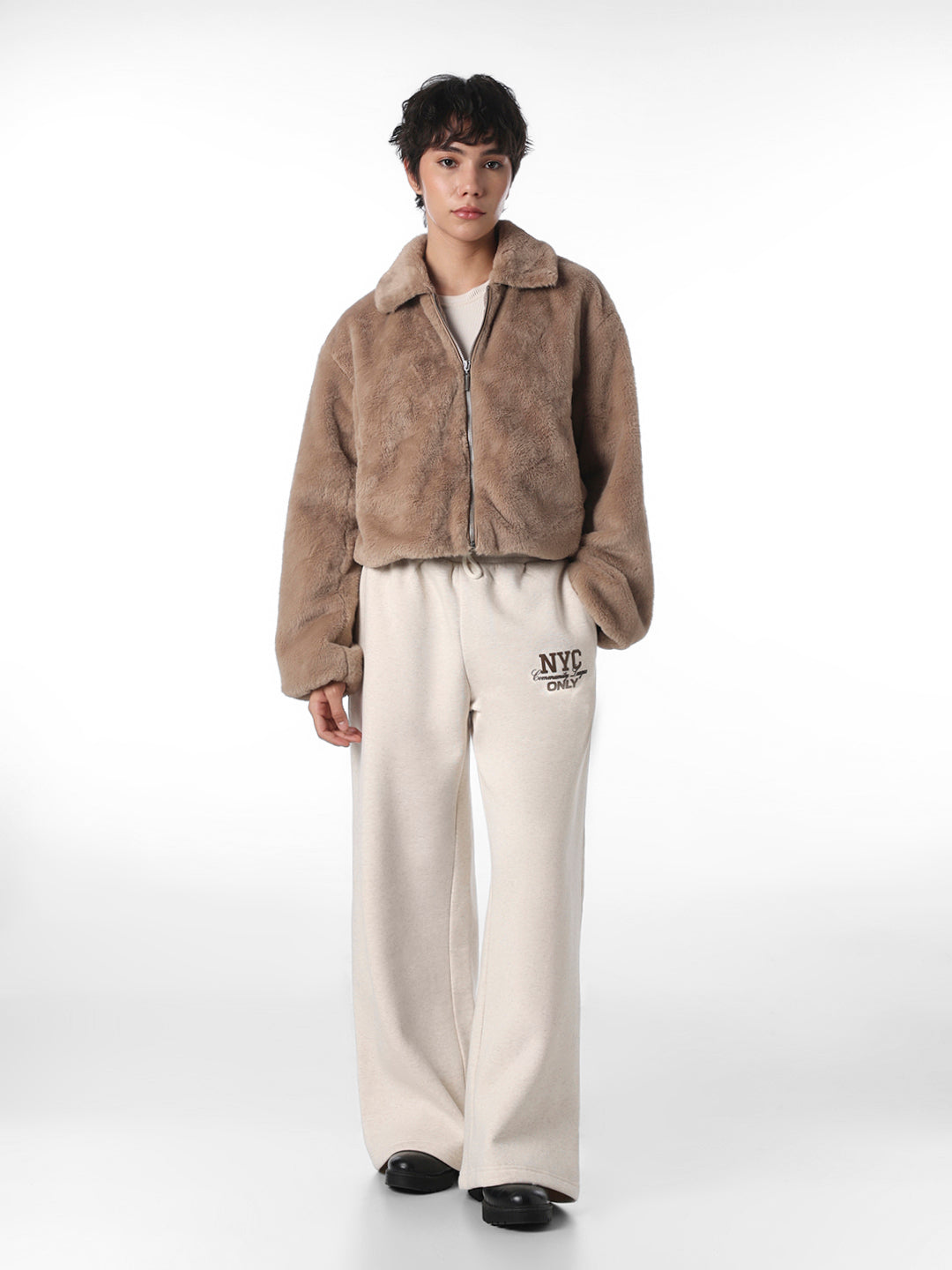 Brown Faux Fur Cropped Pile Jacket