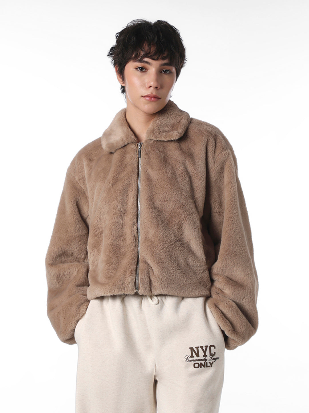 Brown Faux Fur Cropped Pile Jacket
