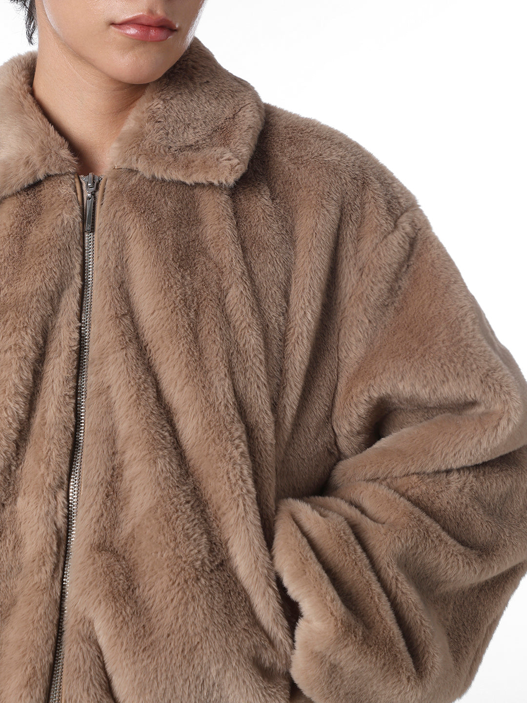 Brown Faux Fur Cropped Pile Jacket