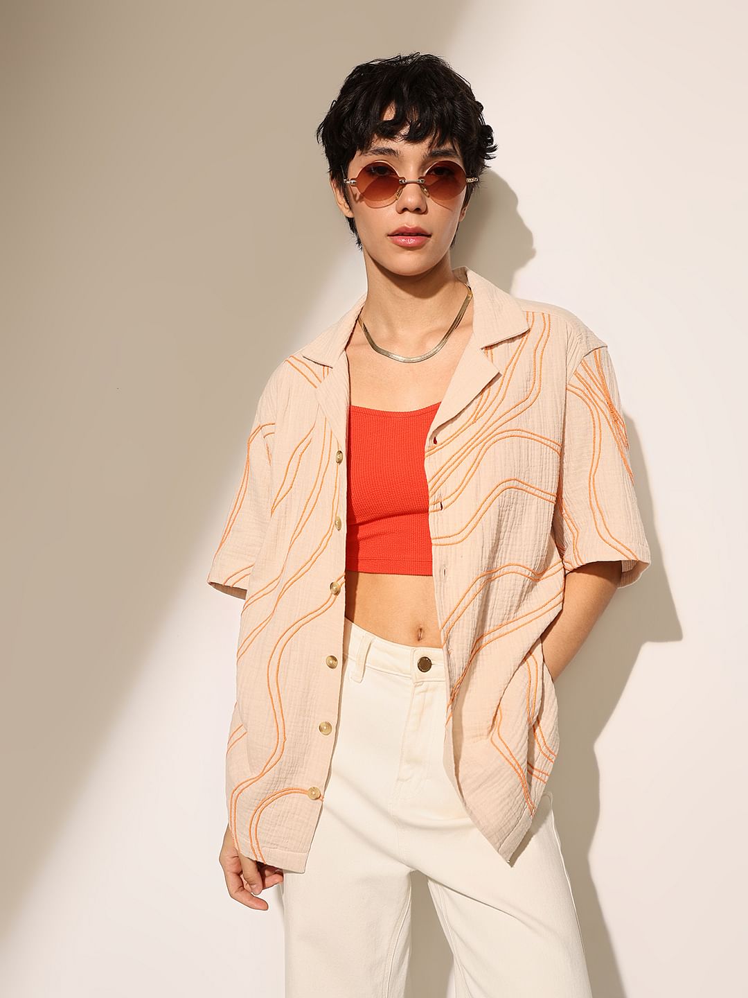 Beige Embroidered Oversized Shirt