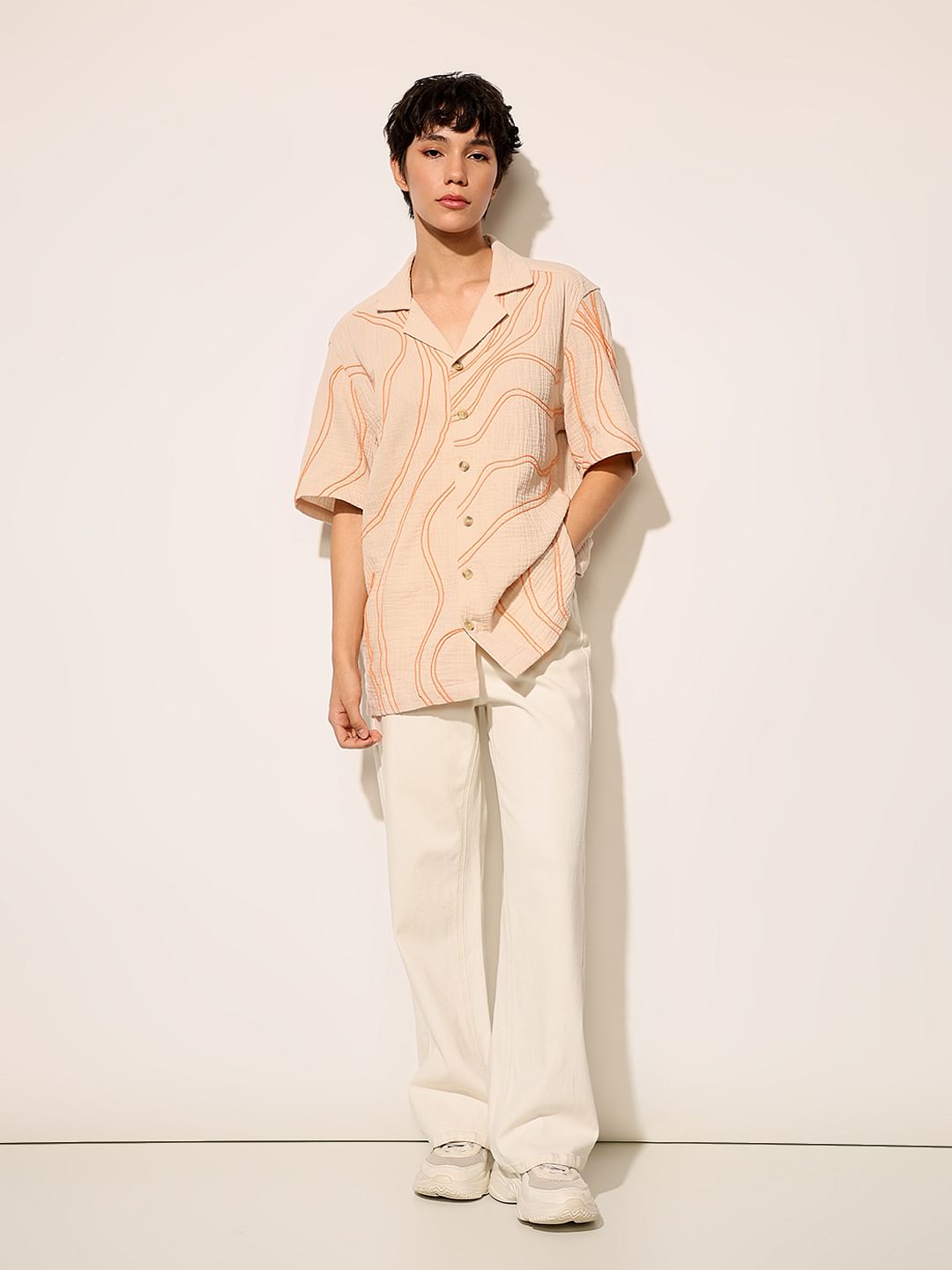 Beige Embroidered Oversized Shirt
