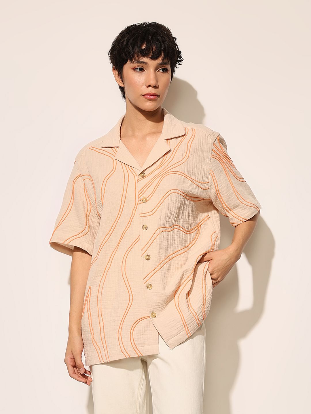 Beige Embroidered Oversized Shirt
