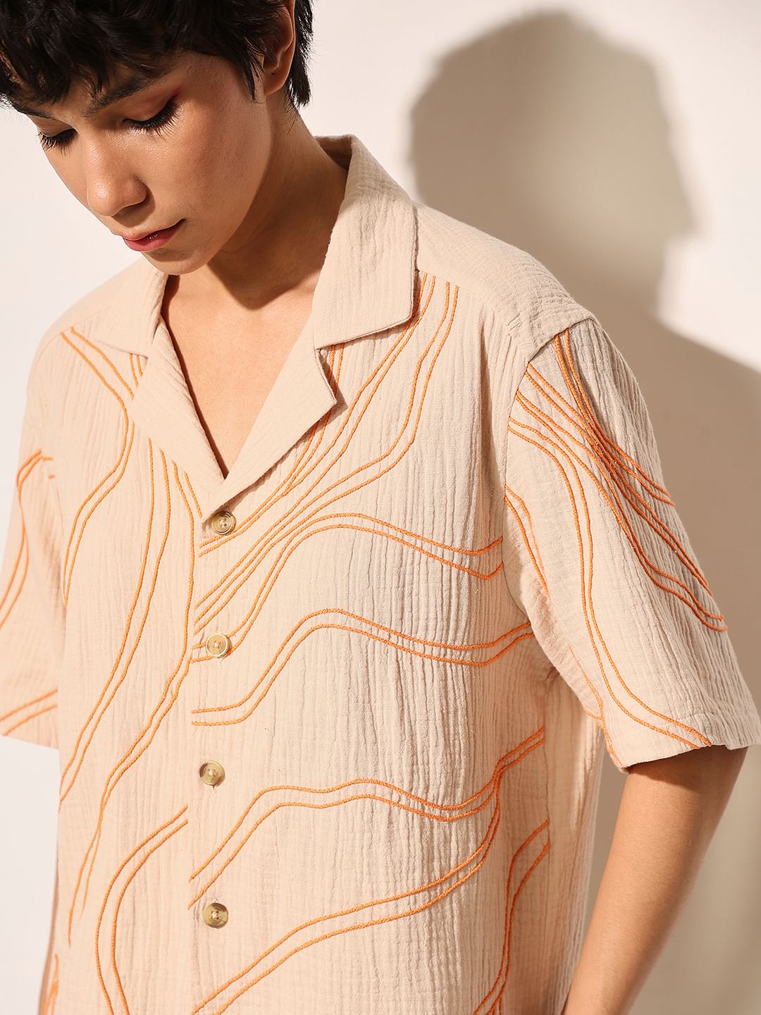 Beige Embroidered Oversized Shirt