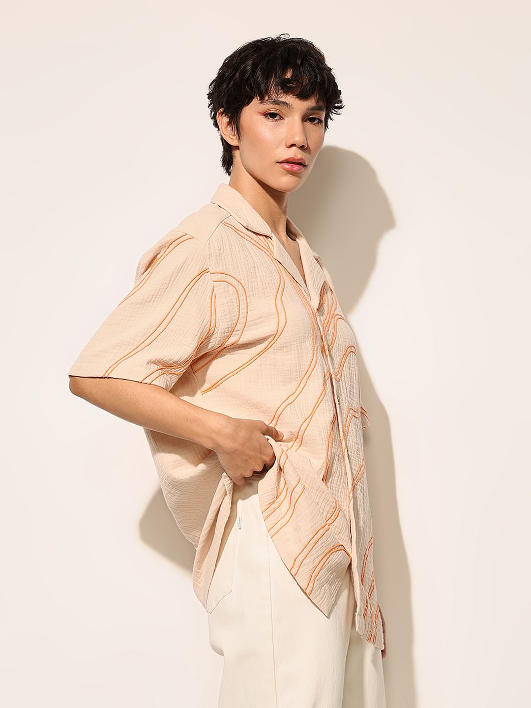 Beige Embroidered Oversized Shirt