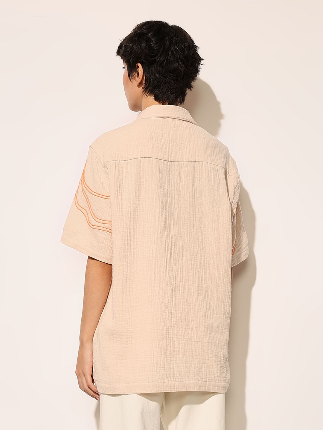 Beige Embroidered Oversized Shirt