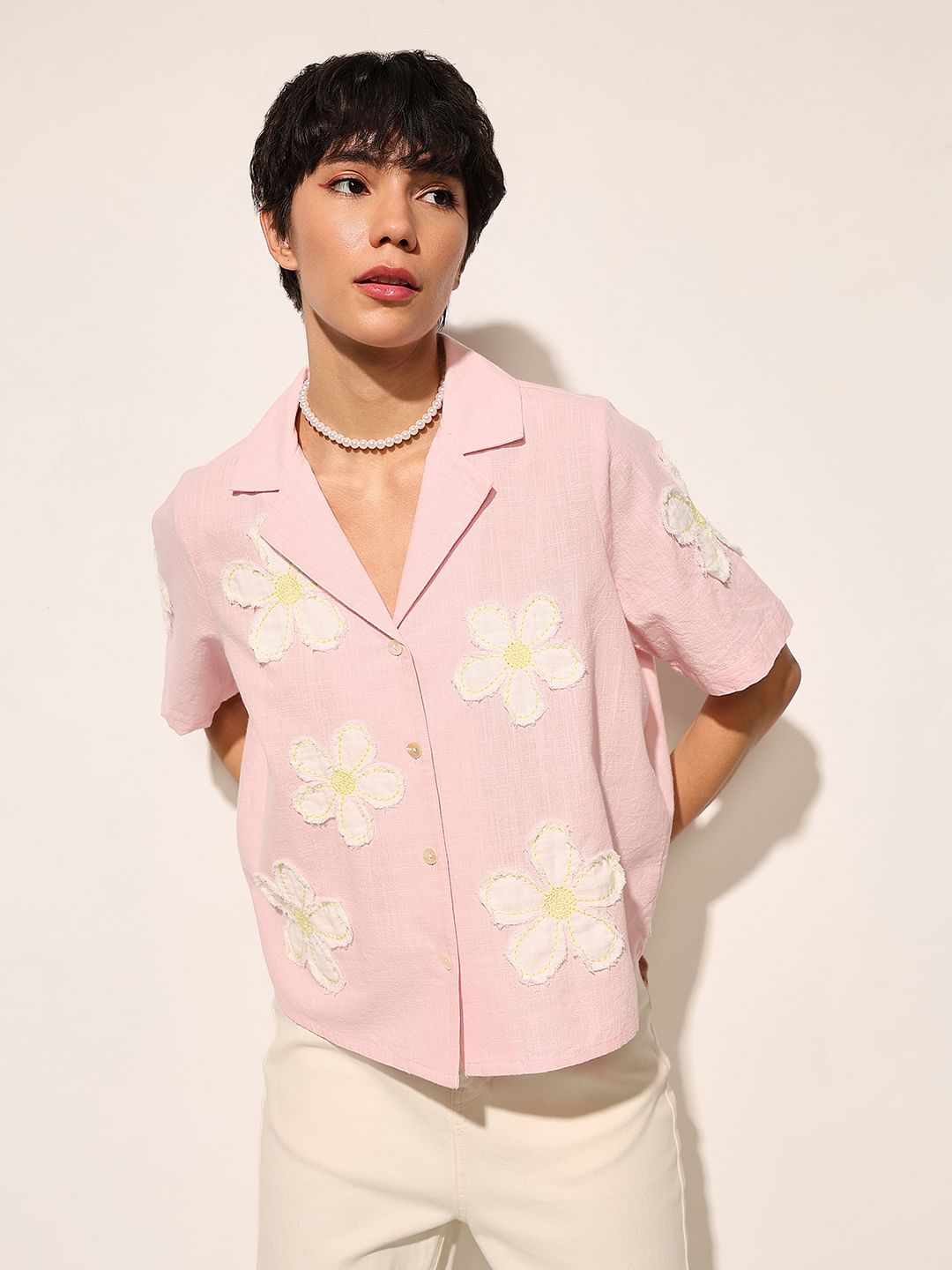 Pink Floral Embroidered Cotton Shirt