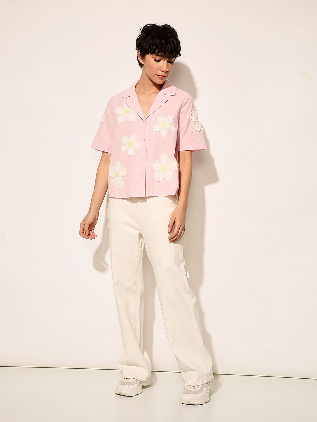 Pink Floral Embroidered Cotton Shirt