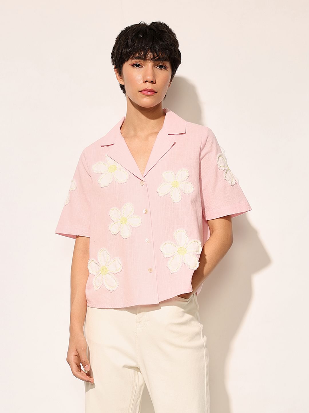 Pink Floral Embroidered Cotton Shirt