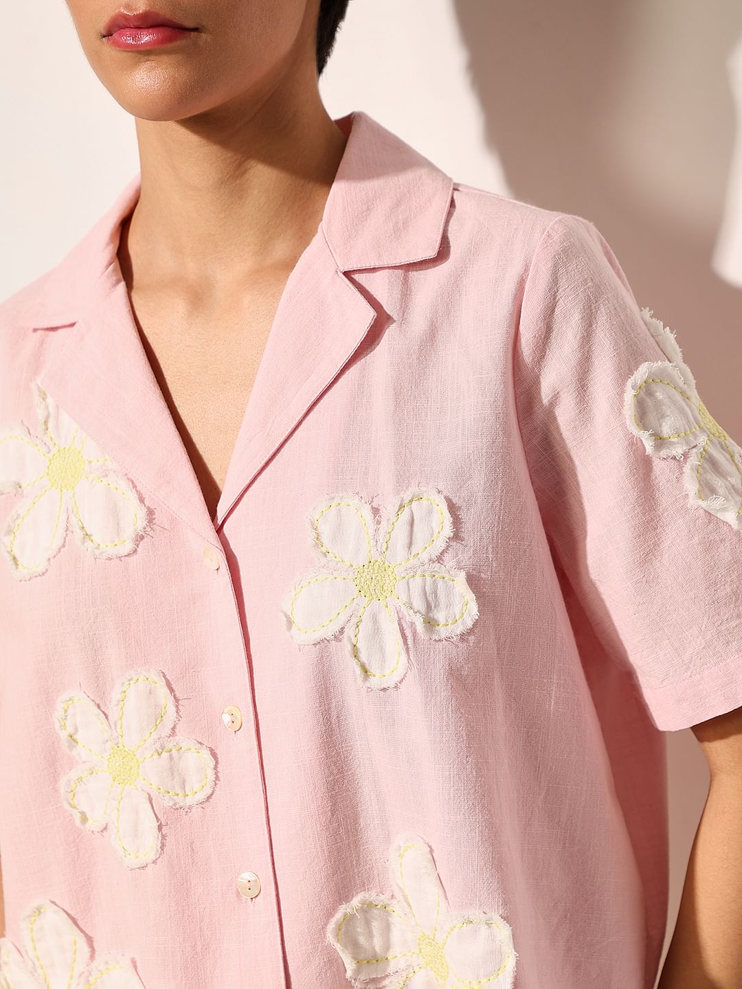 Pink Floral Embroidered Cotton Shirt