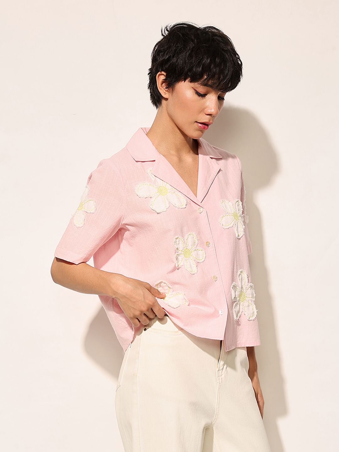 Pink Floral Embroidered Cotton Shirt
