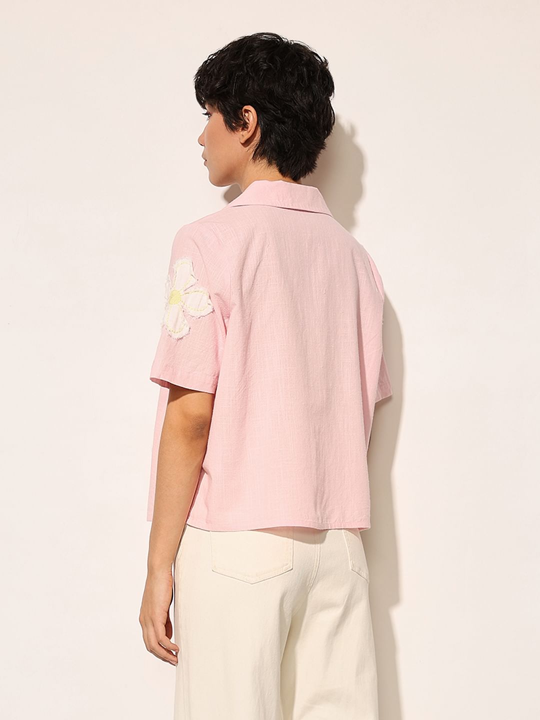 Pink Floral Embroidered Cotton Shirt