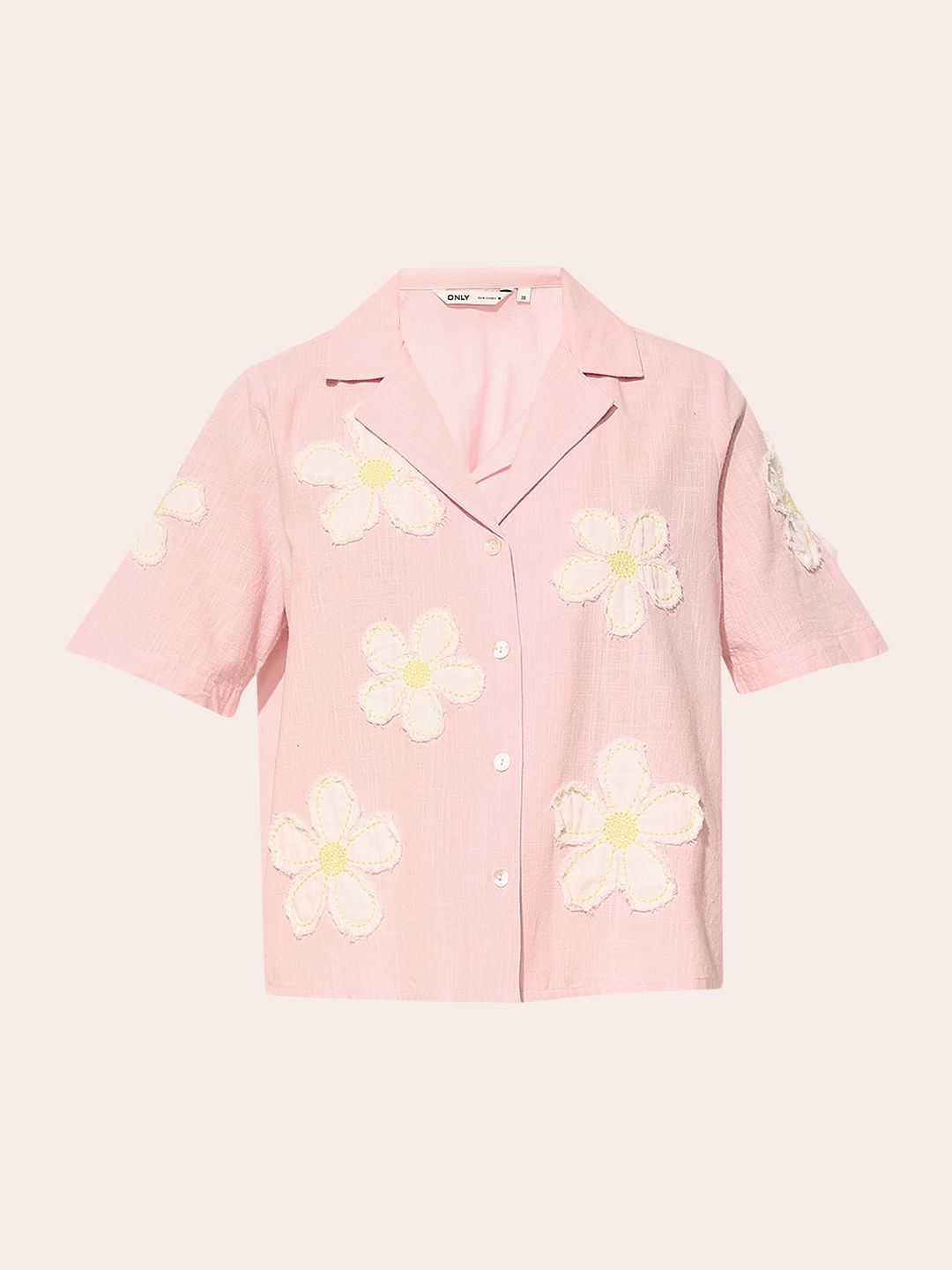 Pink Floral Embroidered Cotton Shirt