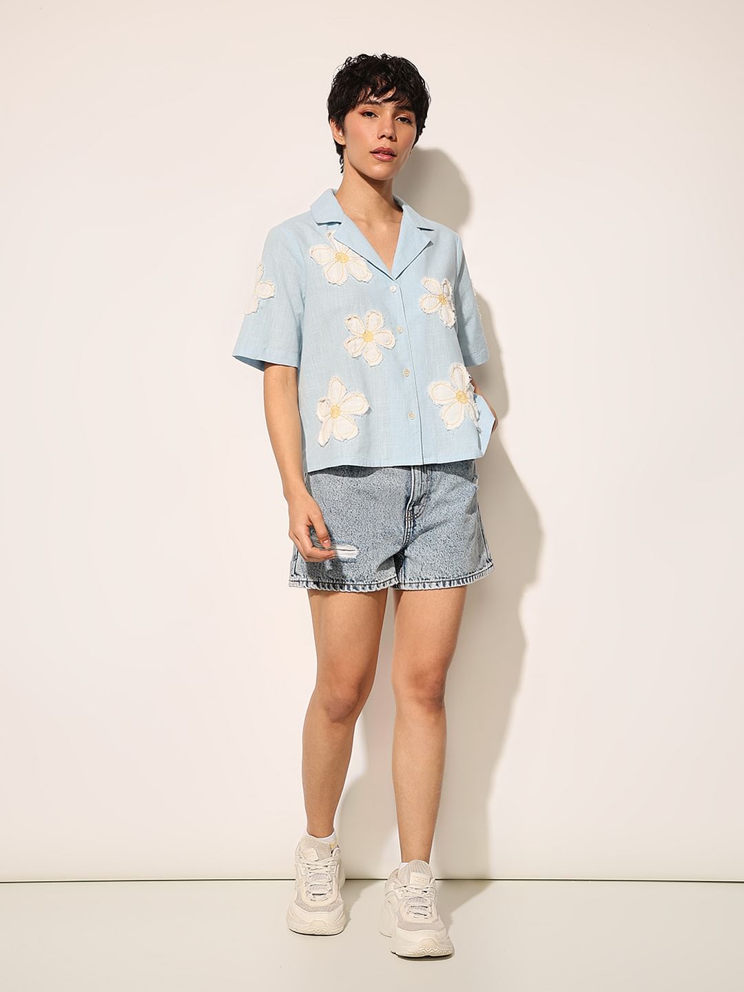 Blue Floral Embroidered Cotton Shirt
