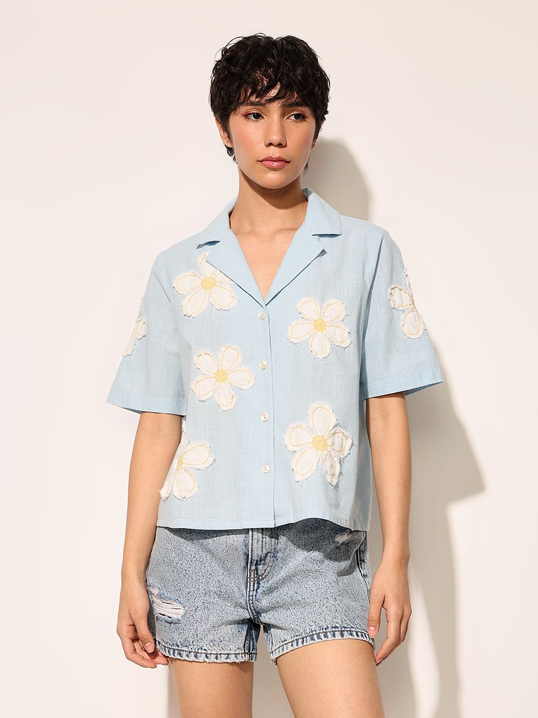 Blue Floral Embroidered Cotton Shirt