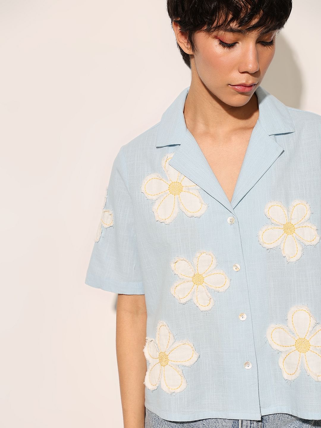Blue Floral Embroidered Cotton Shirt