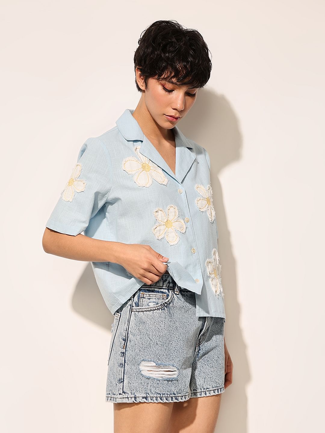 Blue Floral Embroidered Cotton Shirt