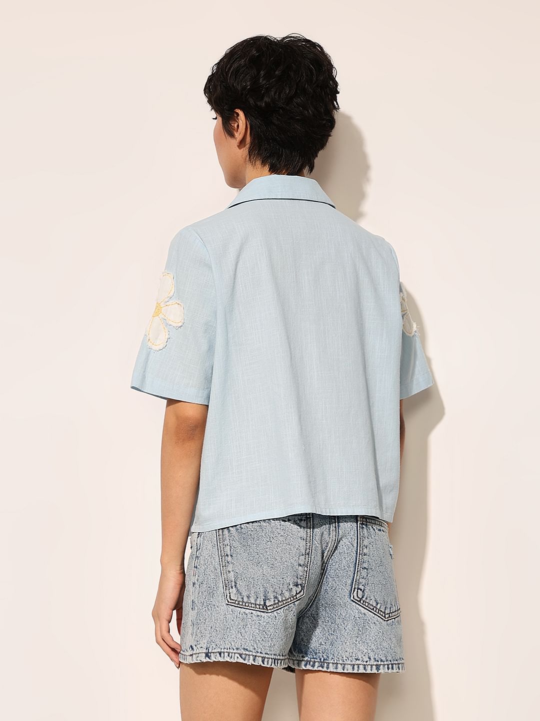 Blue Floral Embroidered Cotton Shirt