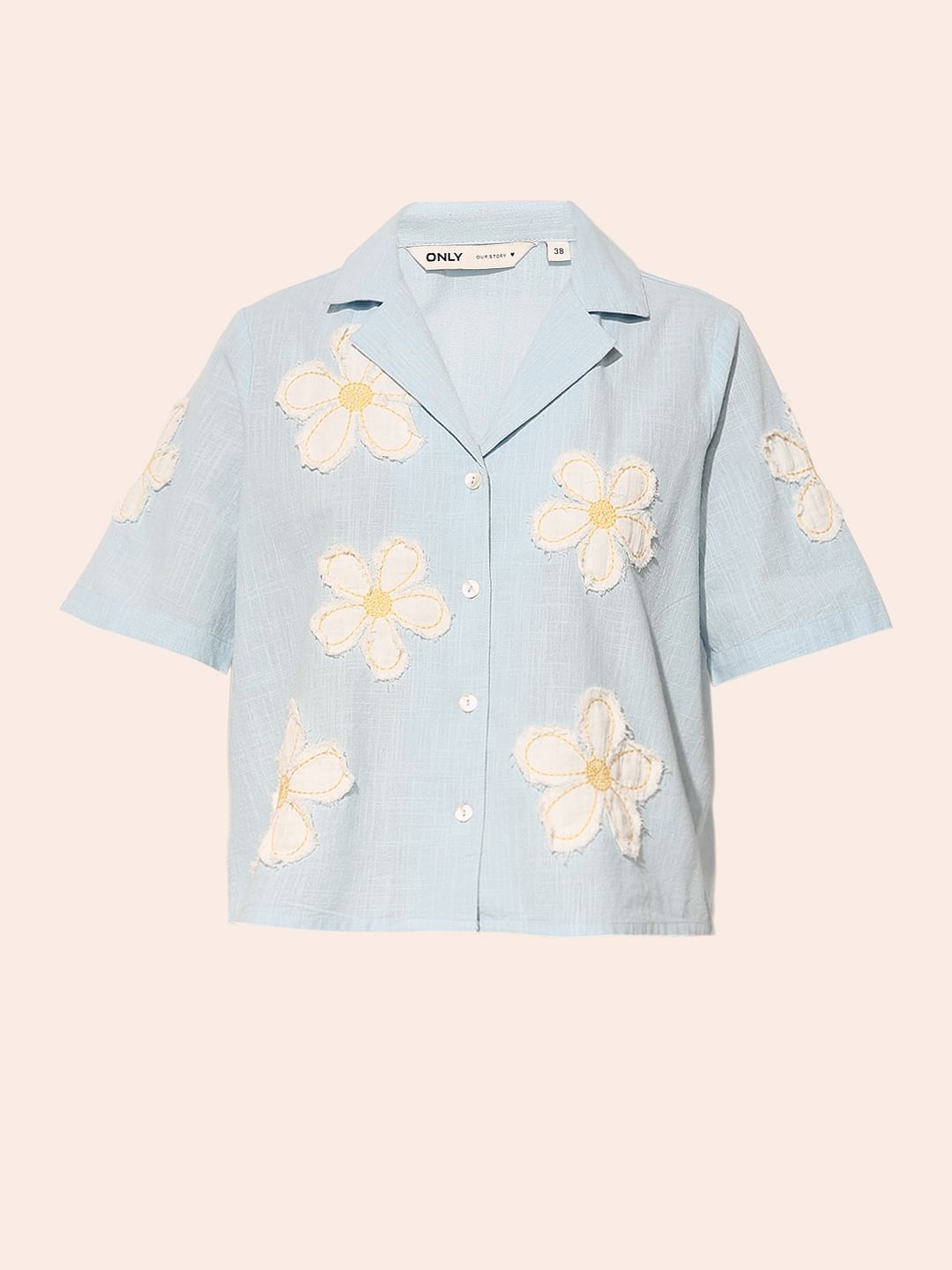 Blue Floral Embroidered Cotton Shirt
