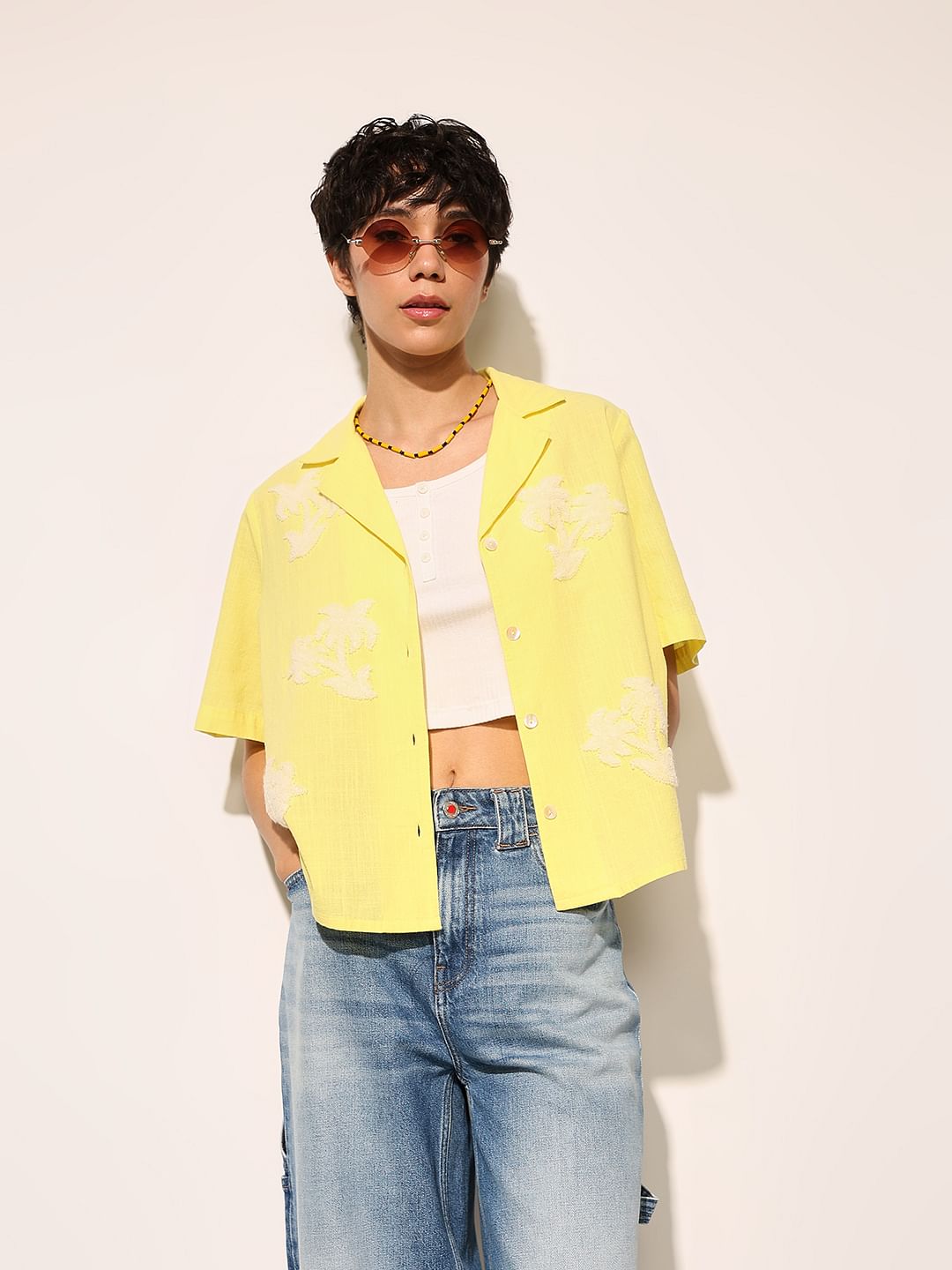 Yellow Embroidered Print Cotton Shirt