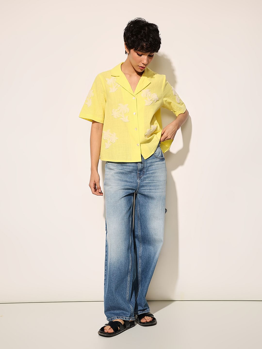 Yellow Embroidered Print Cotton Shirt