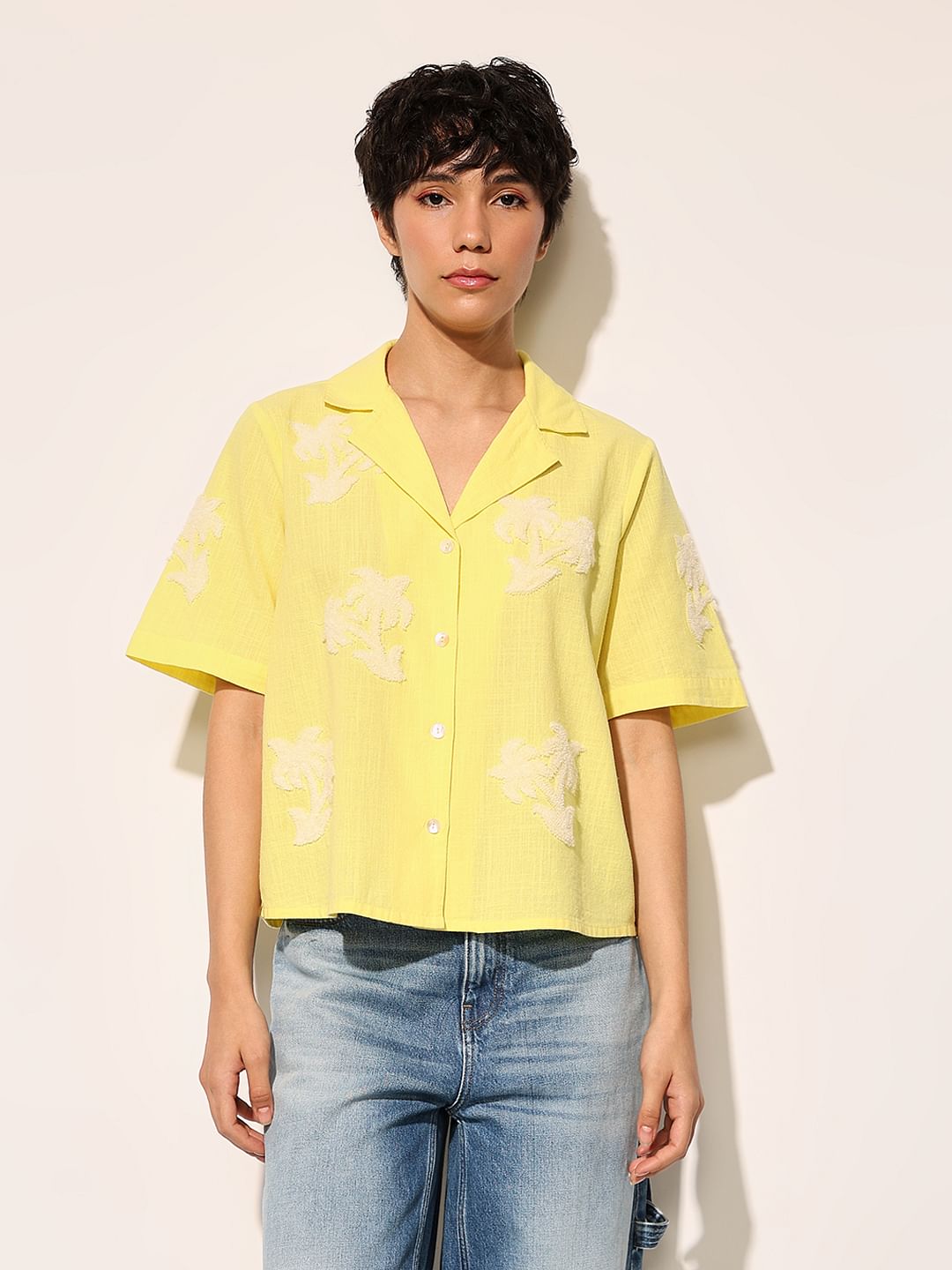 Yellow Embroidered Print Cotton Shirt