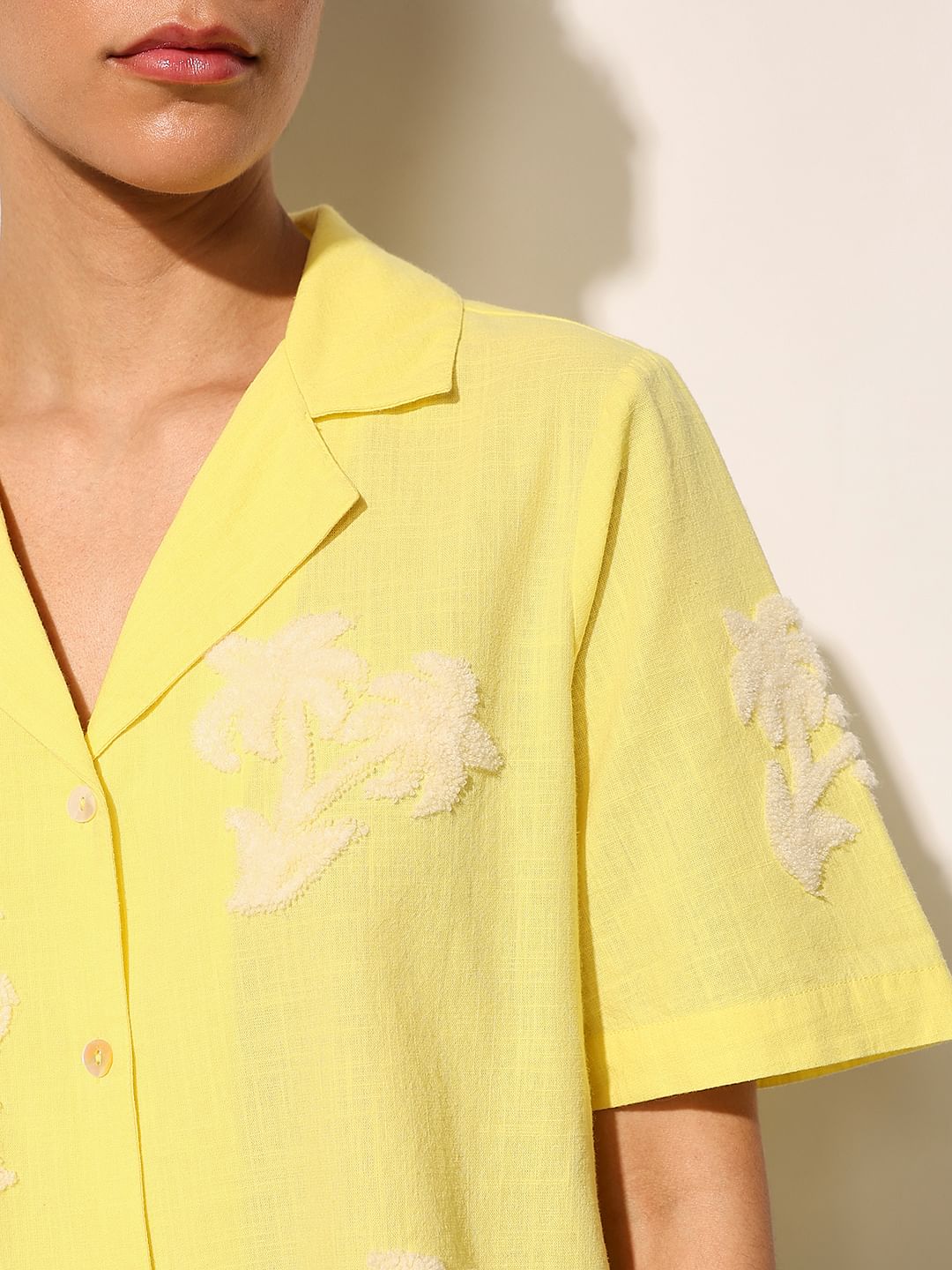 Yellow Embroidered Print Cotton Shirt