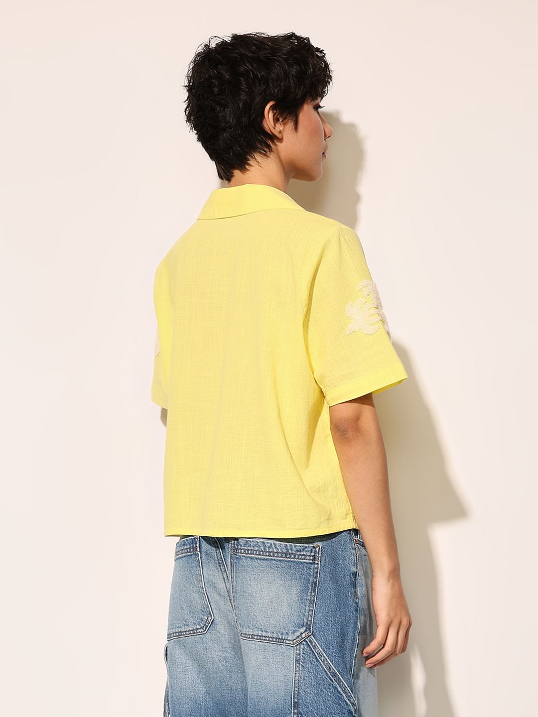 Yellow Embroidered Print Cotton Shirt