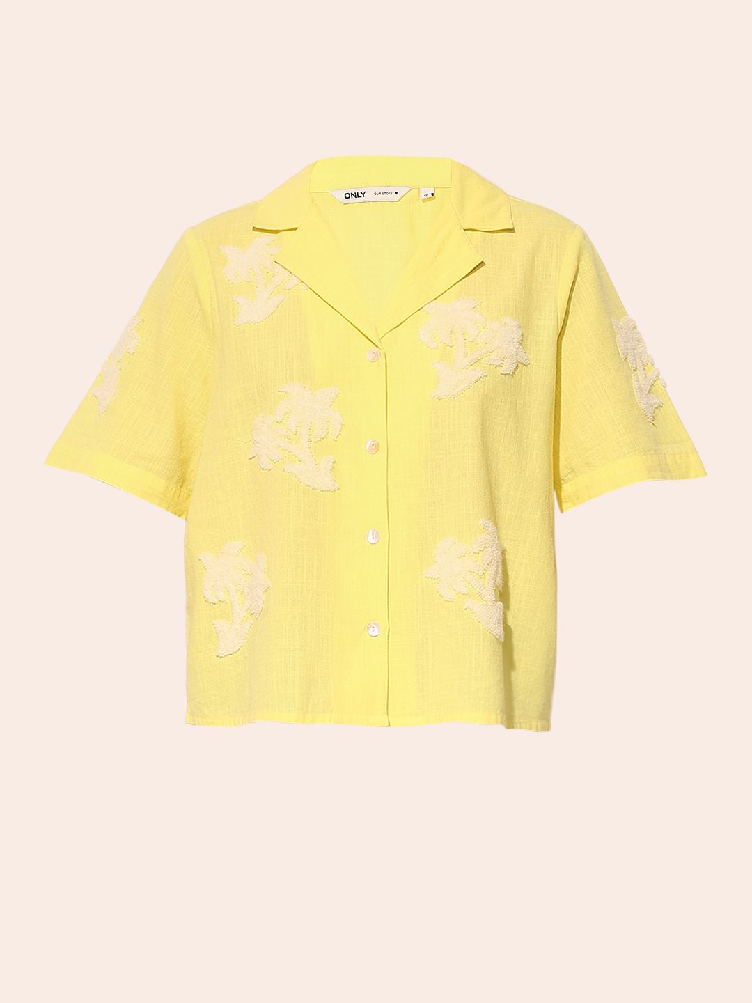 Yellow Embroidered Print Cotton Shirt