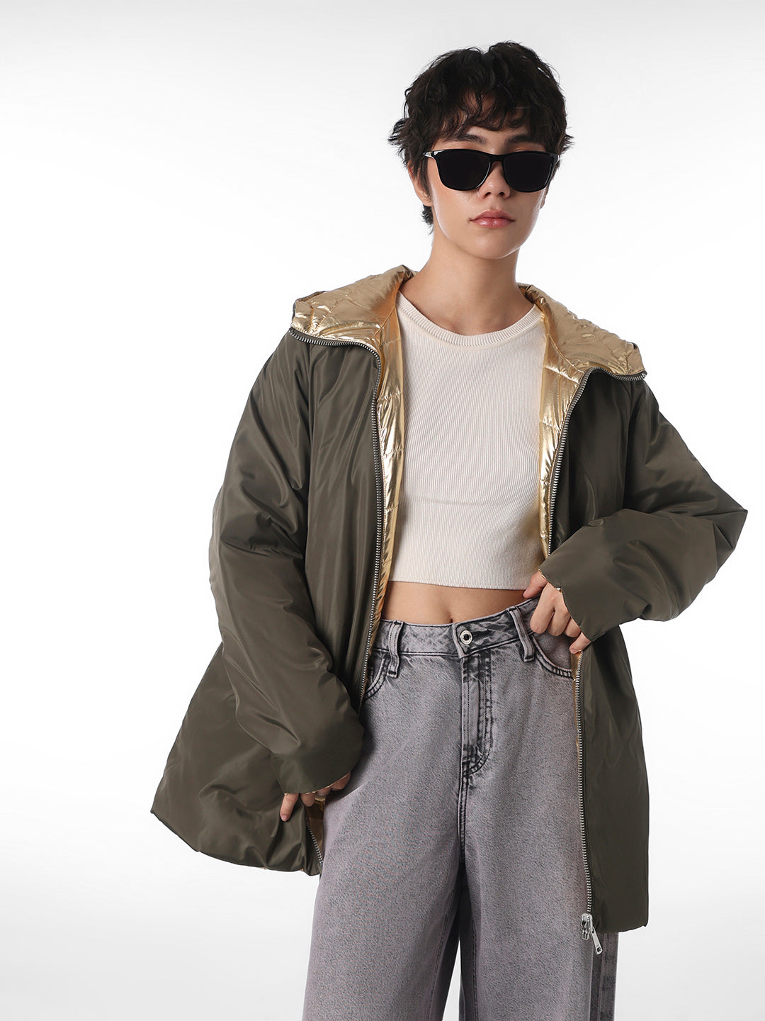 Green Long Reversible Puffer Jacket